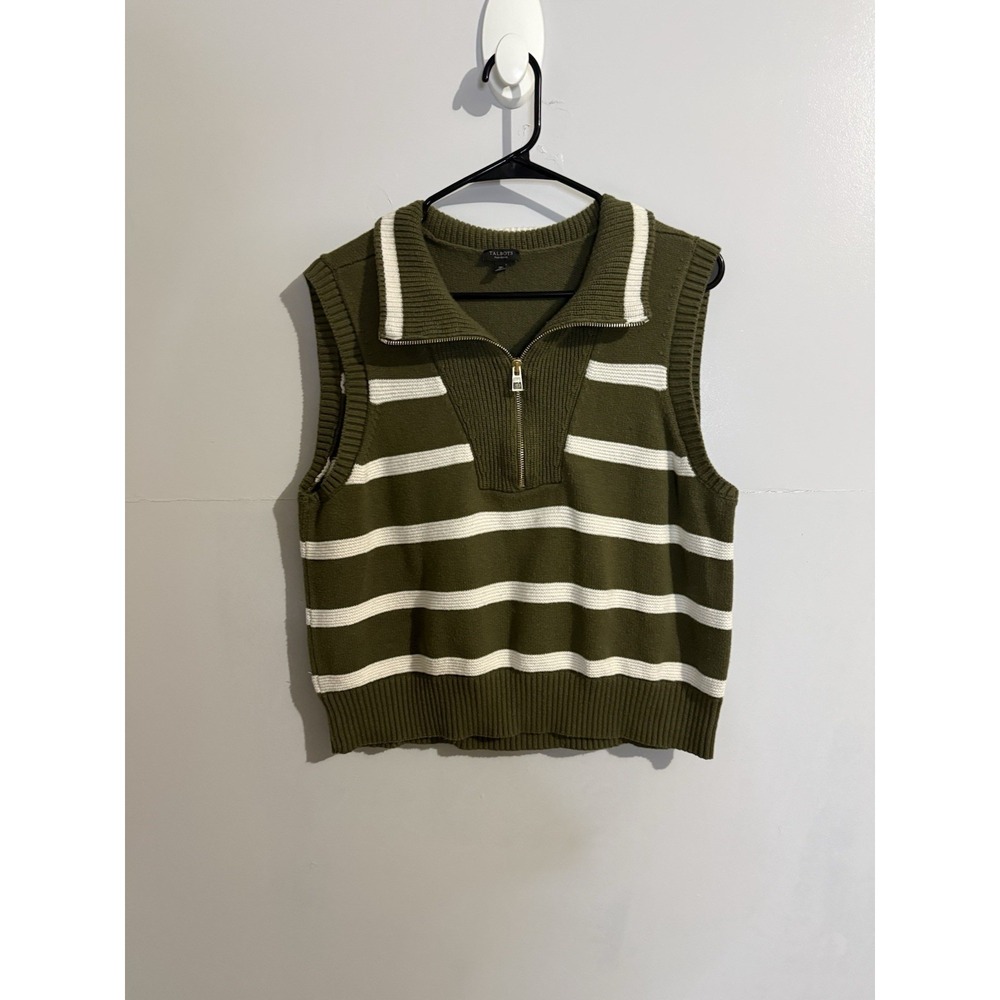 Talbots‎ Sweater Vest Green 1/2 Zip Striped Cotton Blend Cropped Womens Size 1XP